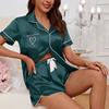 Женский пижамный комплект для дома, летний комплект из 2 предметов, вышитое сердце, карман с заплатками, короткий рукав, рубашка, шорты, пижама