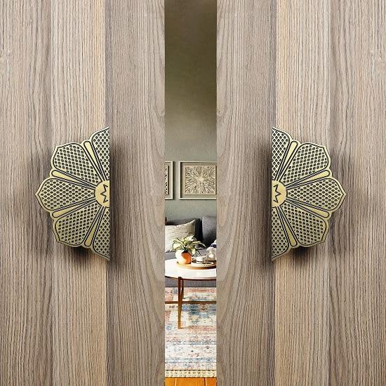Ethnic Flower Carving Design 20.32 Cm Brass Door Handle Pair, Brass Main Door Handles, Standard, Pack of 2