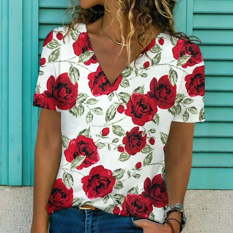 Новинка 2024 года, женская футболка с цветочным принтом, топ больших размеров, женская трендовая одежда, модная рубашка с коротким рукавом, большая блузка с v-образным вырезом