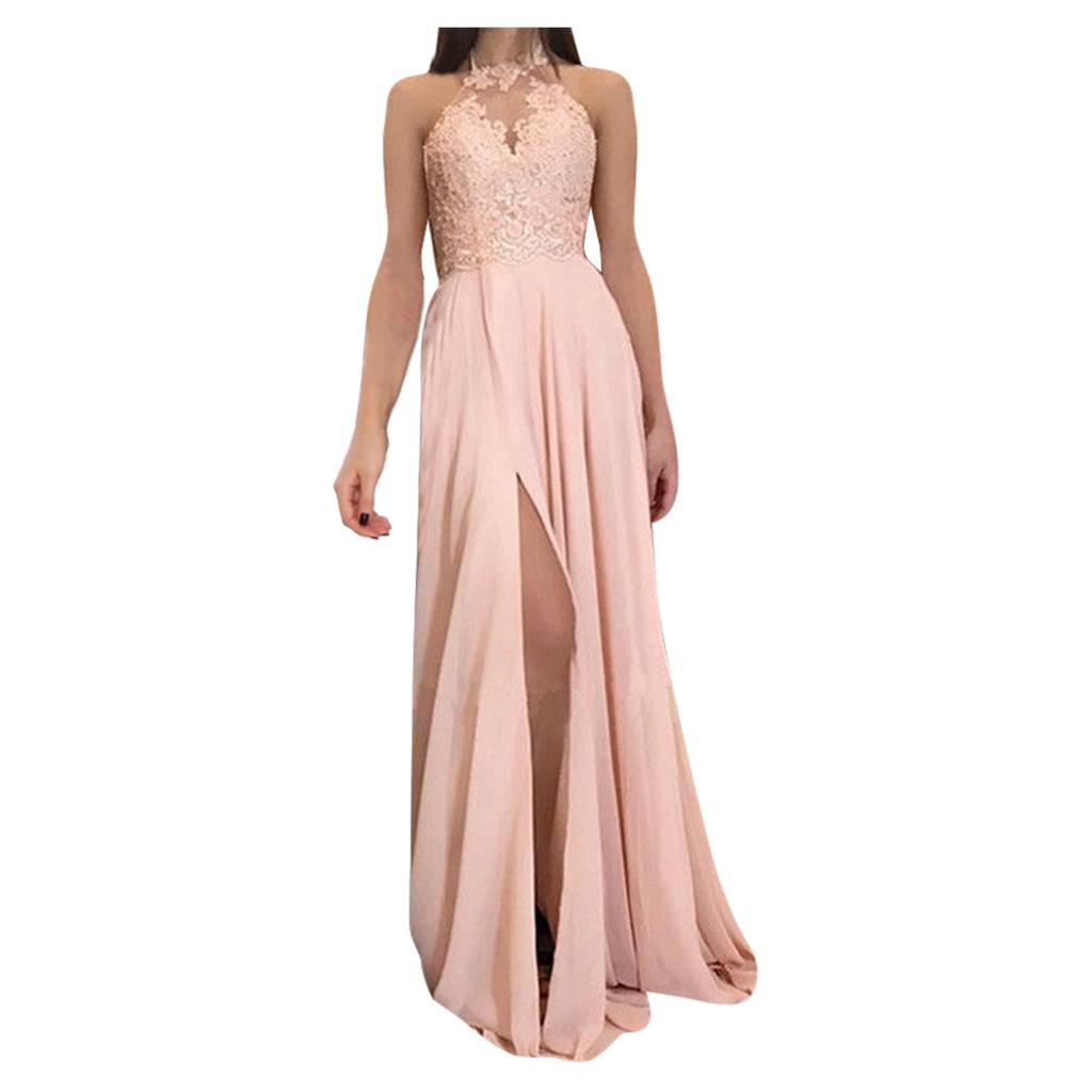Women Neck Lace Chiffon Ball Evening Dress With Split