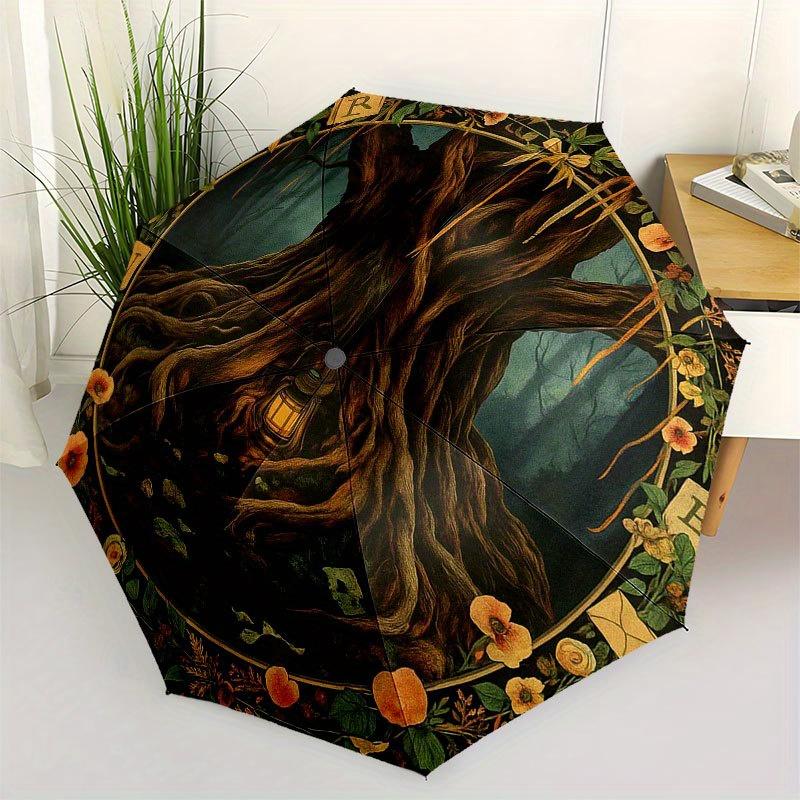 Enchanted Forest Tree with Lantern Wall Art Print Umbrella, Portable 3-Fold Compact Umbrella for Men & Women R138