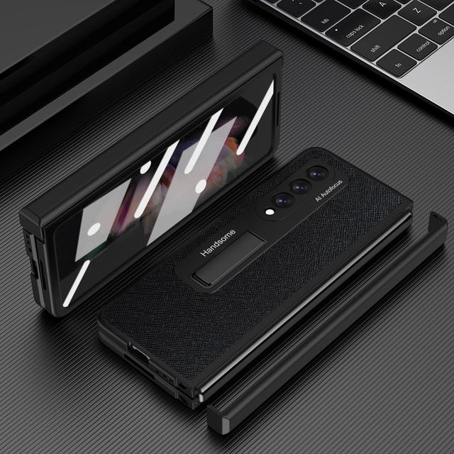 Hinge Cross Pattern Case For Samsung Galaxy Z Fold 3 5g Cover With Kickstand Shell -Membrane Shell For Galaxy Z Fold 4 5g Fundas