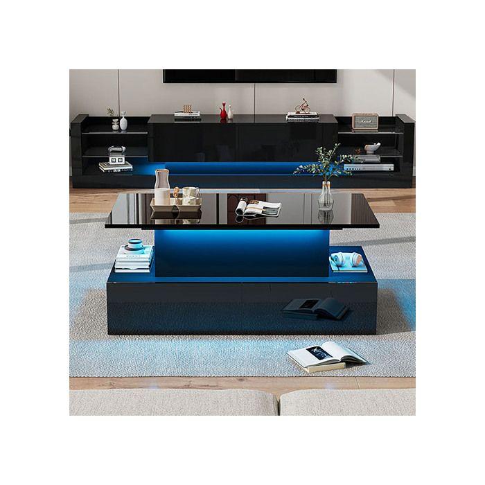 Table basse - MUVOE - Moderne - Noir brillant - Éclairage LED - 4 tiroirs