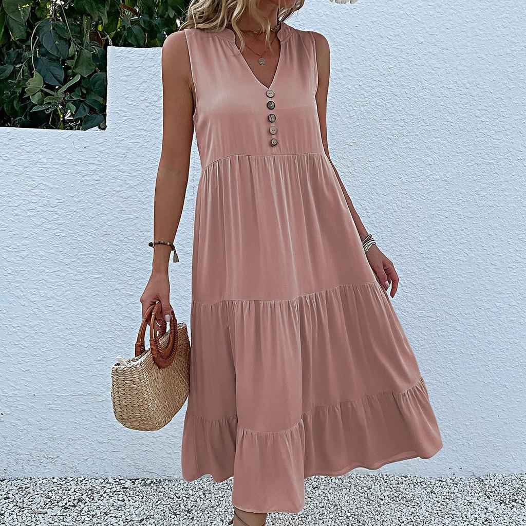 GMXIA Summer Sleeveless Pleated Skirt Loose V-neck Midlength Dress