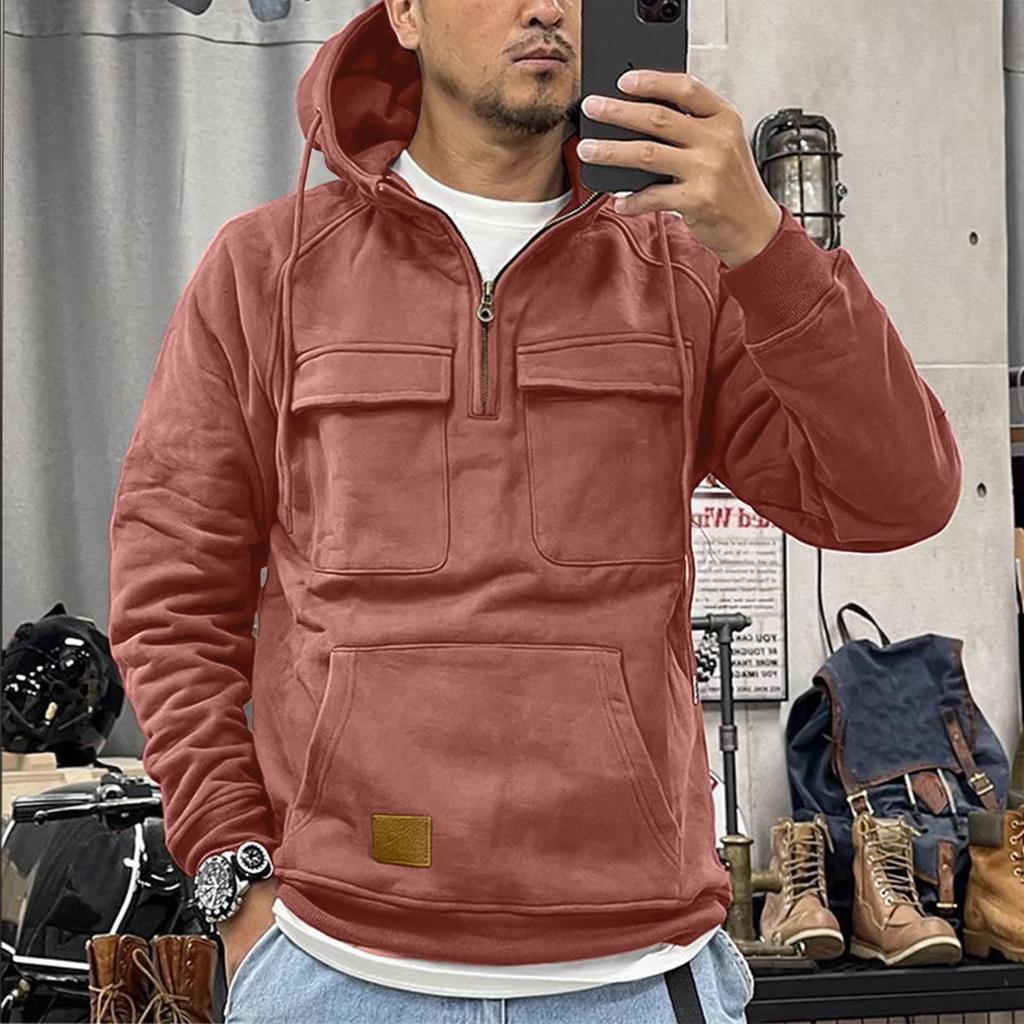 Мужской однотонный свитер с капюшоном, молодежная спортивная кожаная куртка-свитер с несколькими карманами в Европе и Америке