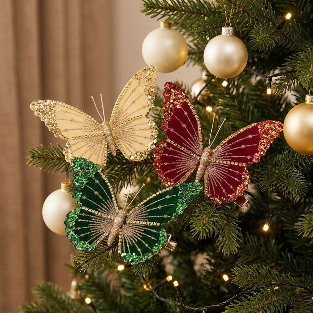 Flocked Velvet Christmas Butterfly Ornament Artificial Butterfly Hanging Decor Xmas Tree Decor