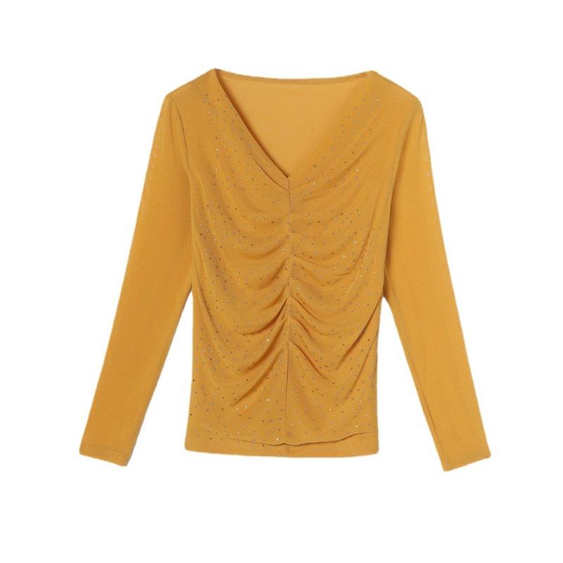 New Autumn V-neck Fashionable Temperament Versatile Bright Silk Mesh Yarn Long Sleeve Chic Base Shirt for Women