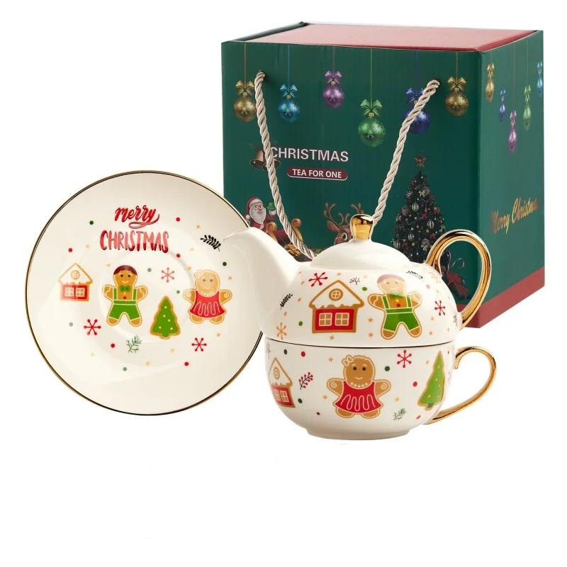 420ml Christmas Ceramic Gold-plated Teapot Cup and Saucer Set with Christmas Graffiti Coffee Flower Tea Set Christmas Gift