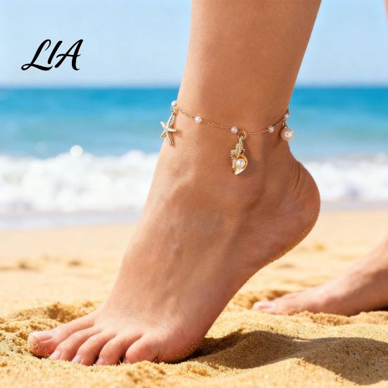 Beach Foot Chain Ocean Starfish Conch Charm Anklet, Adjustable Faux Pearl Ankle Anklet Bracelet for Women, Hypoallergenic Jewelry Pendant