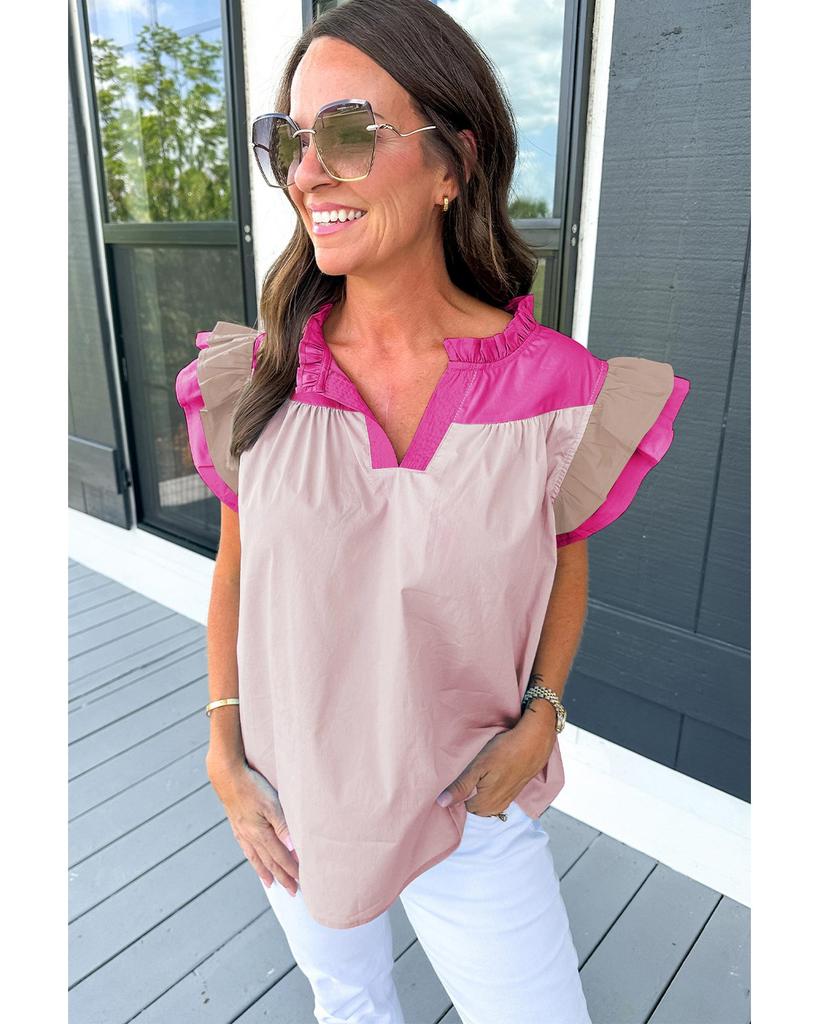 Azura Exchange Блузка с V-образным вырезом и оборками на рукавах в стиле колор-блок