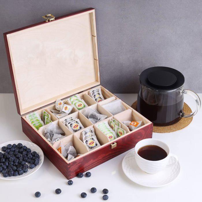 Boîte à Thé - Creative Deco - Rouge - 29 x 25 x 7,5 cm - 12 Compartiments - Bois Massif