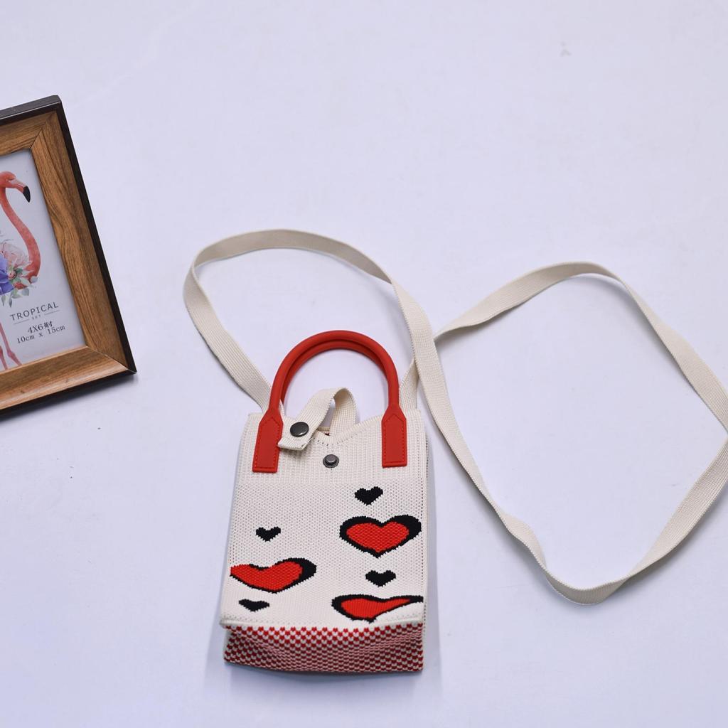 Women Cartoon Knitted Handheld Outdoor Crossbody Bag Leisure Cute Inclined Shoulder Bags Snap Button Mobile Phone Bags