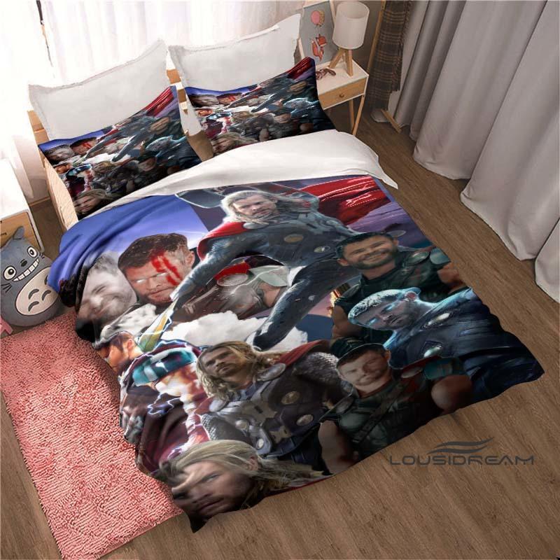 Printed cartoon Thor duvet cover bedding set, anime-themed home decor, suitable for children and adults.