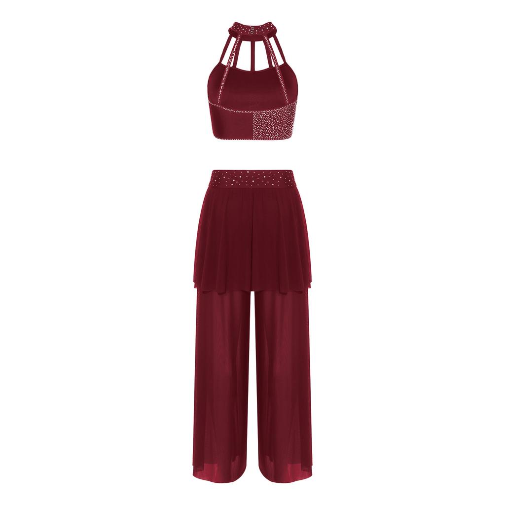 Womens Lyrical Dance Outfit Rhinestone Strappy Halter Crop Top Mesh Wide Leg Pants Skirted Dancewear
