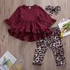 Toddler Baby Girl Clothes Flare Long Sleeve Tops Dress Leopard Pants Headband 3Pcs Outfits