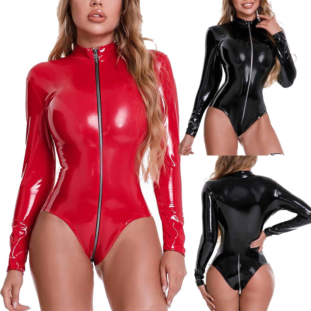 Womens Patent Leather Catsuit Long Sleeve Mock Neck Zipper Club Dancewear