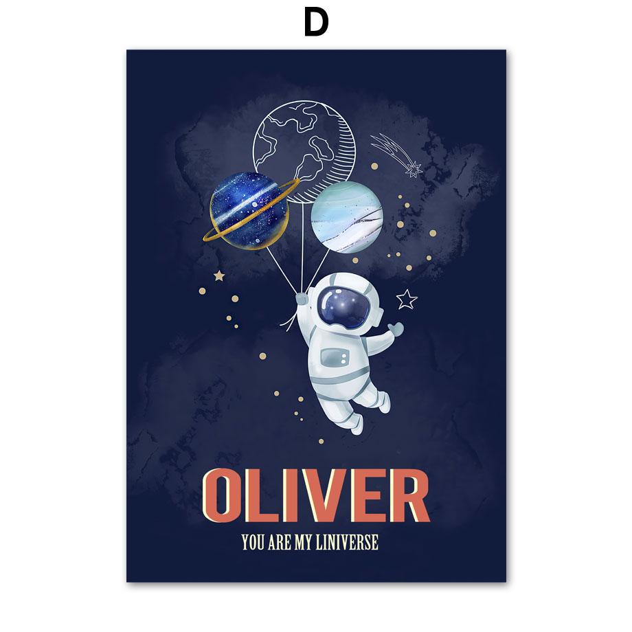 Пользовательские Имя Мальчика Космическая Ракета Астронавт Алфавит Детская Стена Книги по искусству Печать Холст Картина Скандинавский Плакат Декор Фотографии Детская Комната