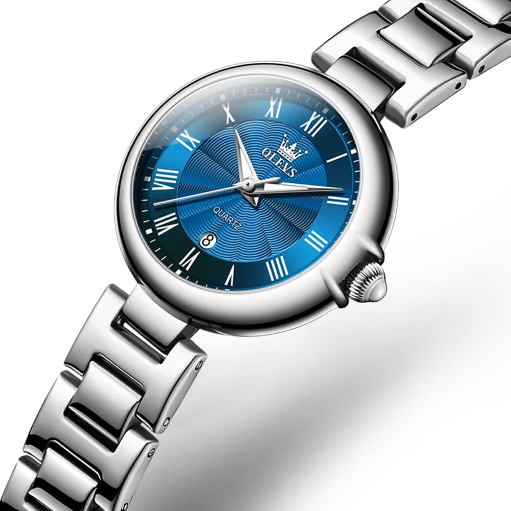 Часы OLEVS, кварцевые, милые, легкие, из нержавеющей стали, водонепроницаемые, светящиеся, настоящие, женские, синие, женские