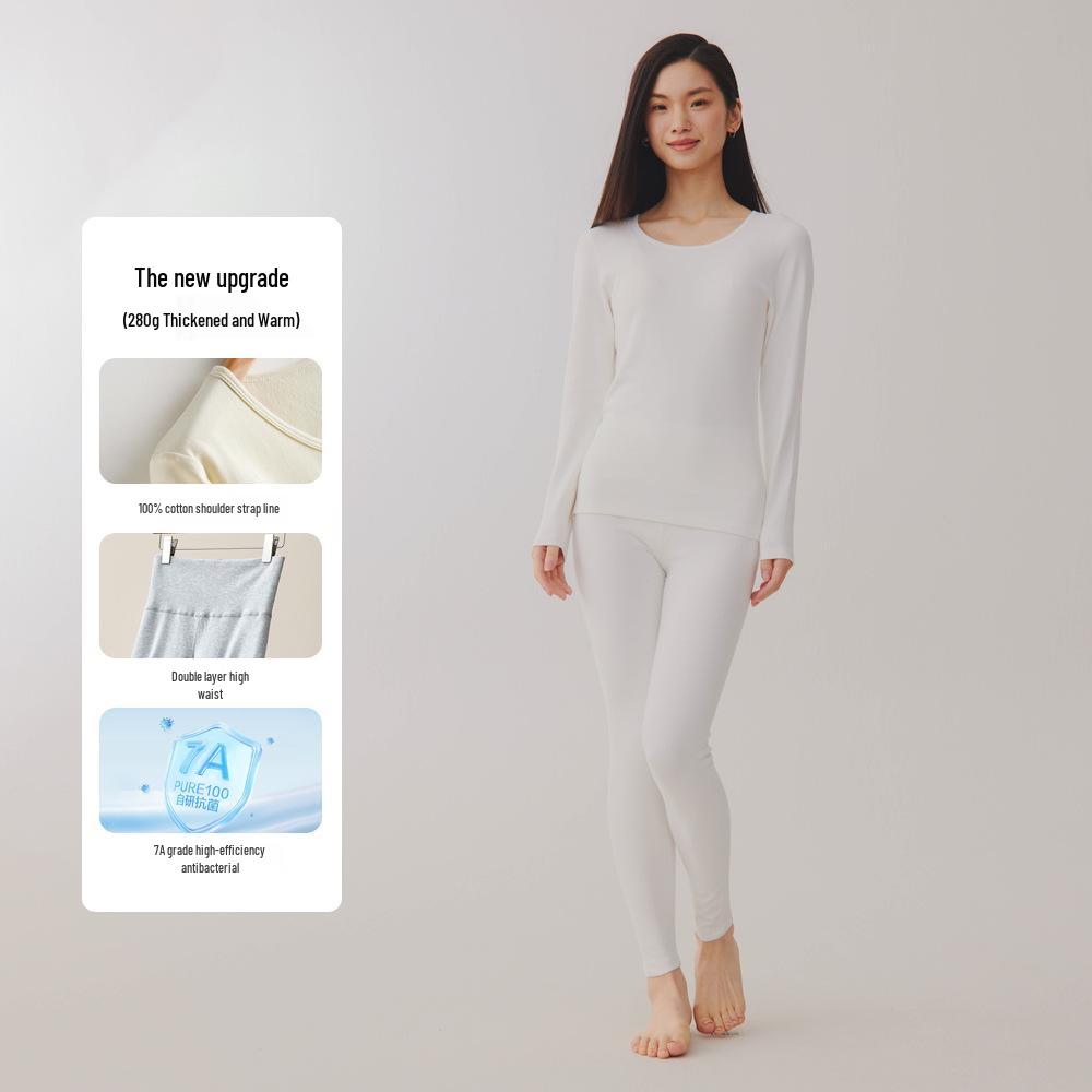Женский комплект термобелья большого размера из двухсторонней фланели - Чистый хлопок, Толстый базовый слой с круглым вырезом для осени и зимы
