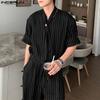 2PCS Men Tie Up Neck Short Sleeve Shirt Long Straight Pants Striped Sets