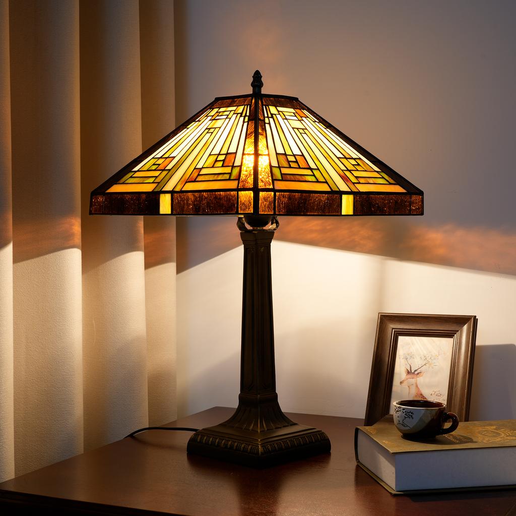 Retro Lamp Stained Glass Table Lamp Amber Brown Mission Style Desk Lamp Decor for Bedrooms Living Room Study Home Office