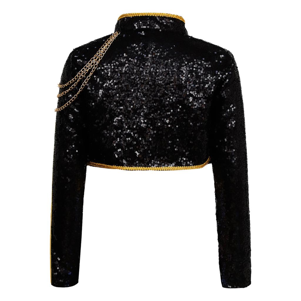 Shiny Sequins Stage Jacket for Girls, Long Sleeve Singer Cosplay Costume with Braided Trimming & Chains for a Complete Look