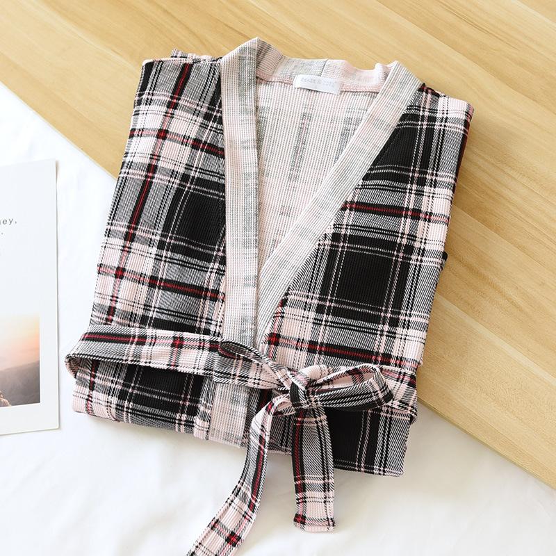 Весна и осень хлопковый вафельный халат-кимоно для невесты и ночная рубашка домашняя одежда для женщин с цветочным принтом и поясом домашний халат для женщин