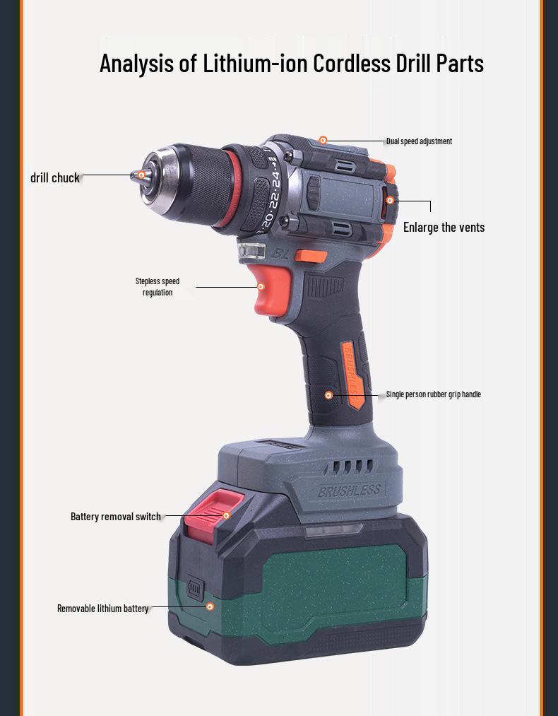 Бесщеточная перезаряжаемая ручная электрическая дрель KQ-4815-21 с литиевой батареей