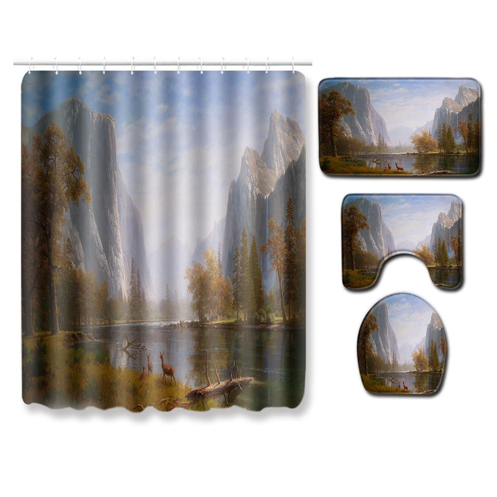 Пейзажная шторка для душа, коврик для пола, комбинация из четырех предметов, ковер для ванной комнаты и туалета, коврик для душевой комнаты, коврик для ног