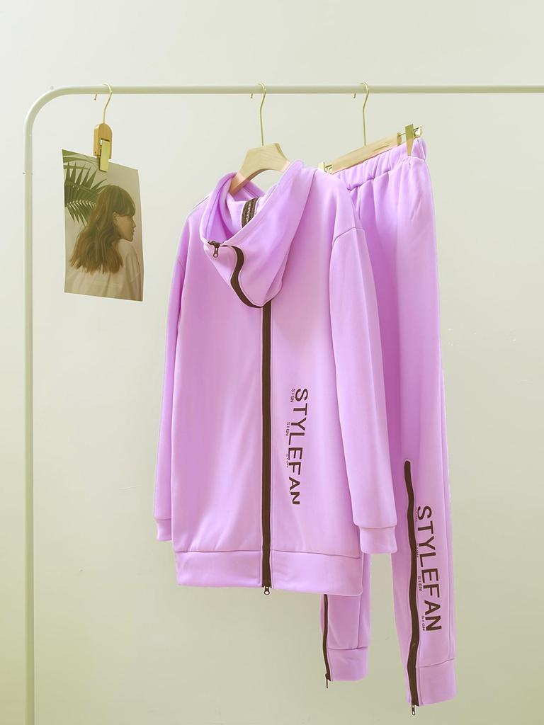 Women's Autumn/Winter Loose Fit Letter Print Zip-Up Sweater and Trousers Set