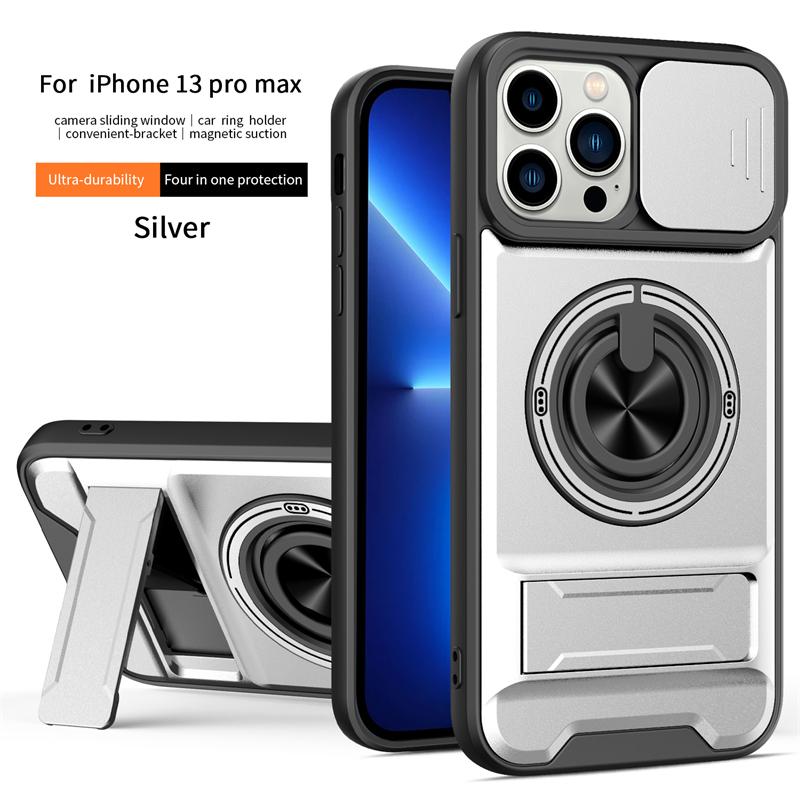 Для iPhone 12 13 14 15 16 Pro Max 15 Plus 16E Чехол для телефона с крышкой-слайдером для объектива, автомобильным магнитным кольцом и двойным кронштейном
