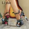 Fashion Liyke Brand Design Flowers Print Leather Platform Sandals Women Sexy Peep Toe 13CM Super High Heels Stiletto Party Banquet Shoes