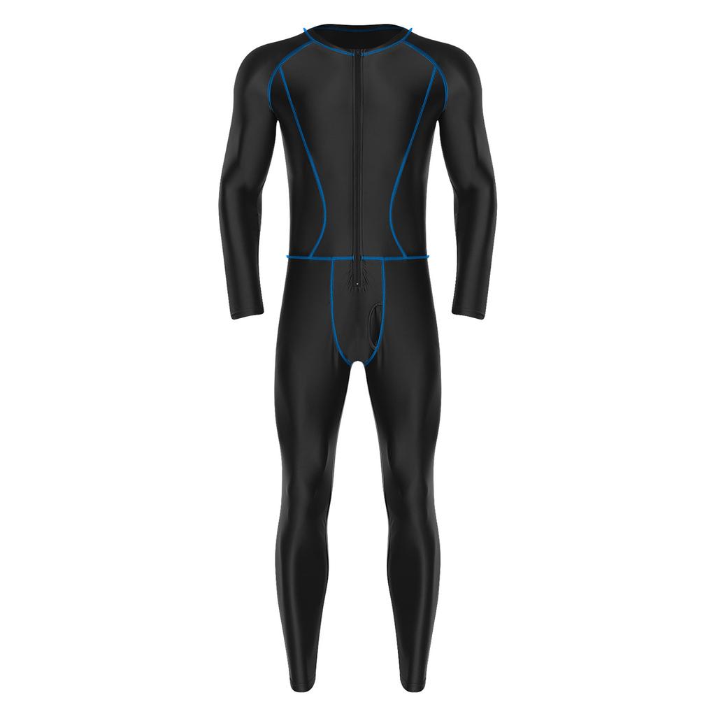 Мужской блестящий компрессионный комбинезон облегающего кроя с внешними плоскими швами, на молнии спереди, с длинными рукавами и длинными штанами, ромпер для йоги