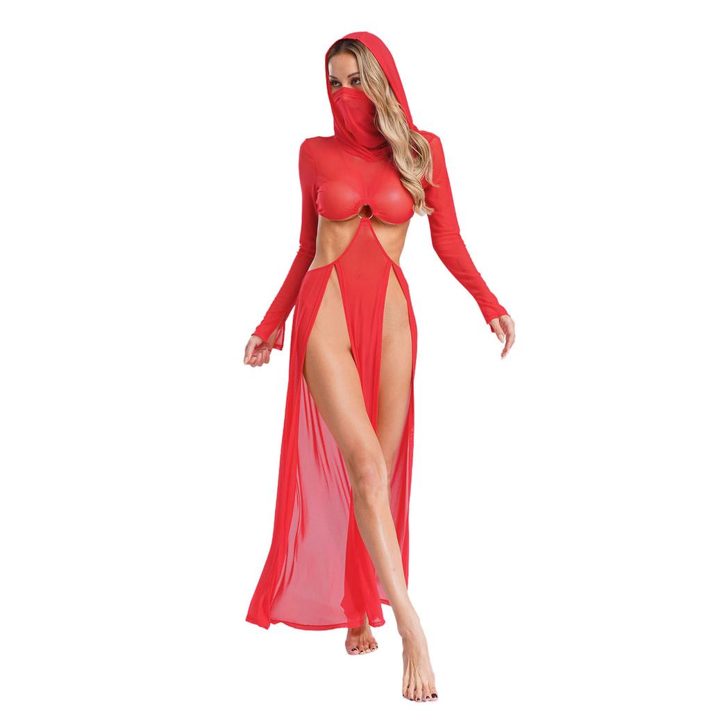 Fashion Women Sheer Dress Maxi Hollow Out Mesh Coverup with Long Sleeves Hooded Mask and High Slit, Sexy Party Club Wear