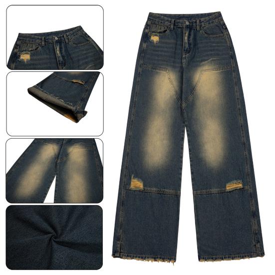 Мужские повседневные джинсы в стиле ретро со средней посадкой и карманами, широкие длинные джинсовые брюки в стиле хип-хоп, рваные джинсы, потертые джинсы