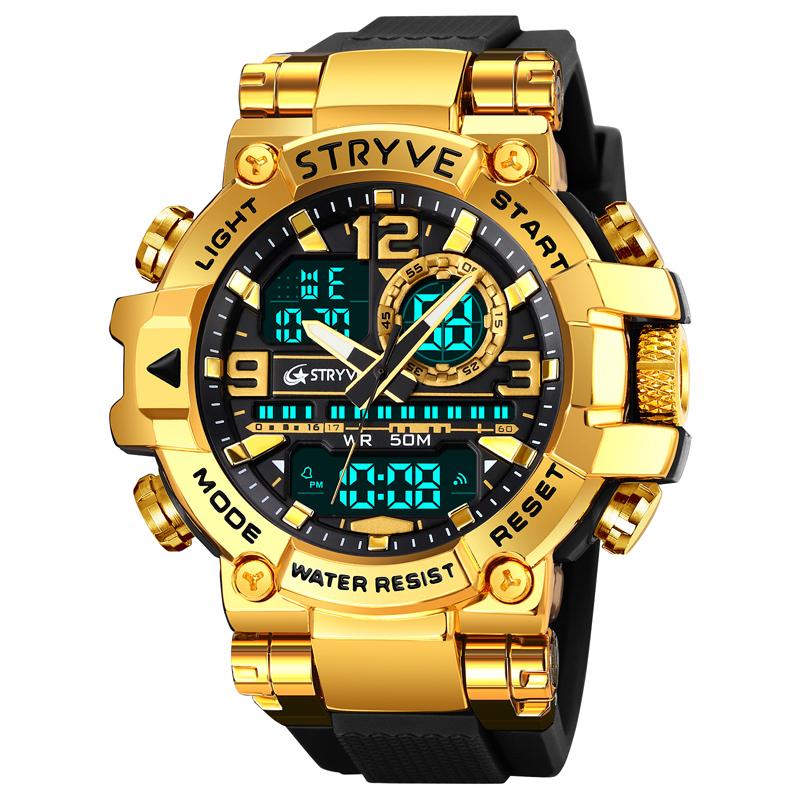 Модные Мужские Часы STRYVE 8025 Роскошные Водонепроницаемые 50M для Мужчин с Аналогово-Цифровым Двойным Механизмом Многофункциональные Наручные Часы