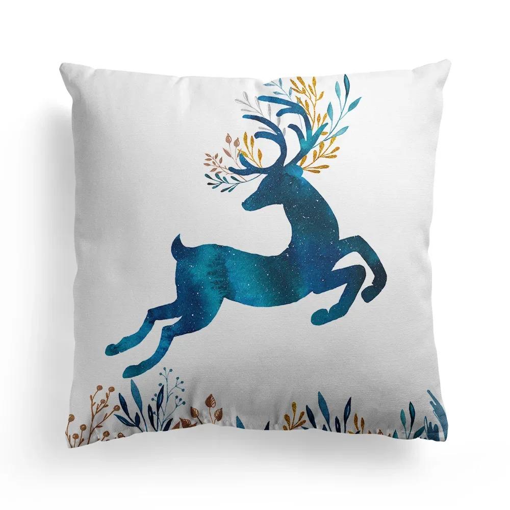 Home Decoration Christmas Blue Elk Plant Pillow House Polyester Cushion Cushion Decoración Navideña Funda De Almohada