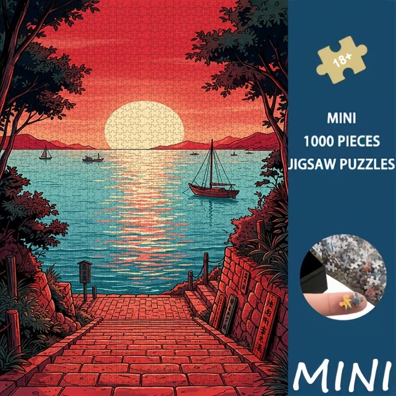 1000pcs Mini Jigsaw Puzzle Suitable for Adults & - Picture Seaside Sunset Stone Steps Sailboat with Sailboats, Stress-Relieving Brain, Intermediate Ch