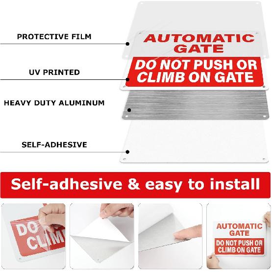 Automatic Gate Signs 12 × 8 Inches Aluminum Notice Do Not Push or Climb on Gate Signage Electronic Sel-Adhesive Outdoor for Shop Office Safety