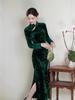 Women's Velvet Green Cheongsam: Retro High-End Autumn/Winter Long Sleeve Dress