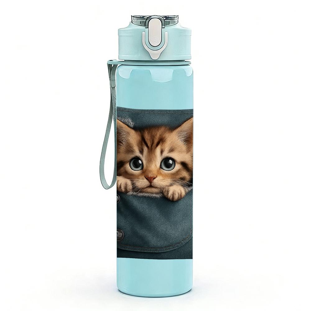1PC Cat Peeking Canvas Bag 750ml Color Plastic Sports Water Bottle Leakproof Flip Straw Lid For Sports Office Home Use