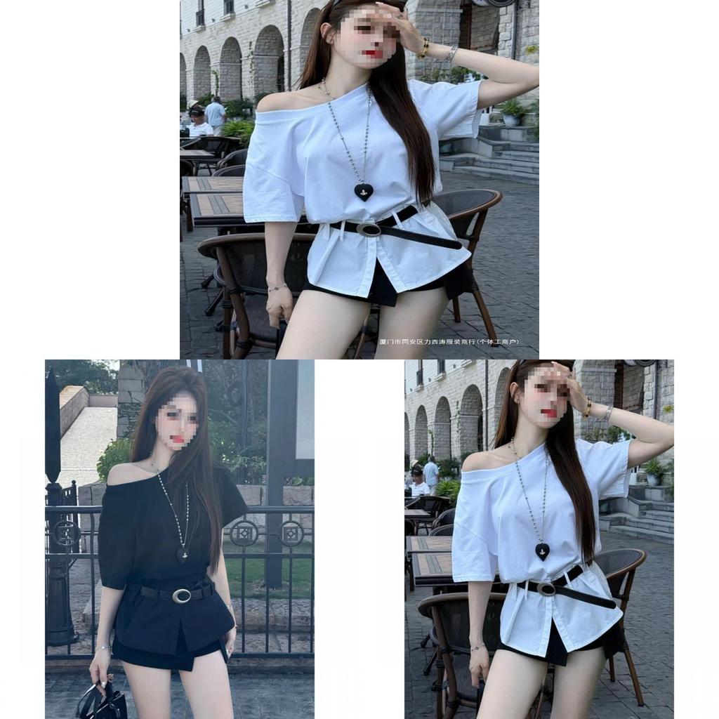 Summer Fashion Offshoulder Spliced Ruffled Waist Tshirt For Women