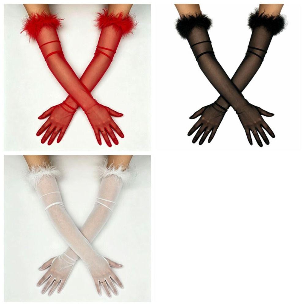 Transparent Feather Gloves Silk Bridal Gown Accessories Slim Long Gloves Wedding