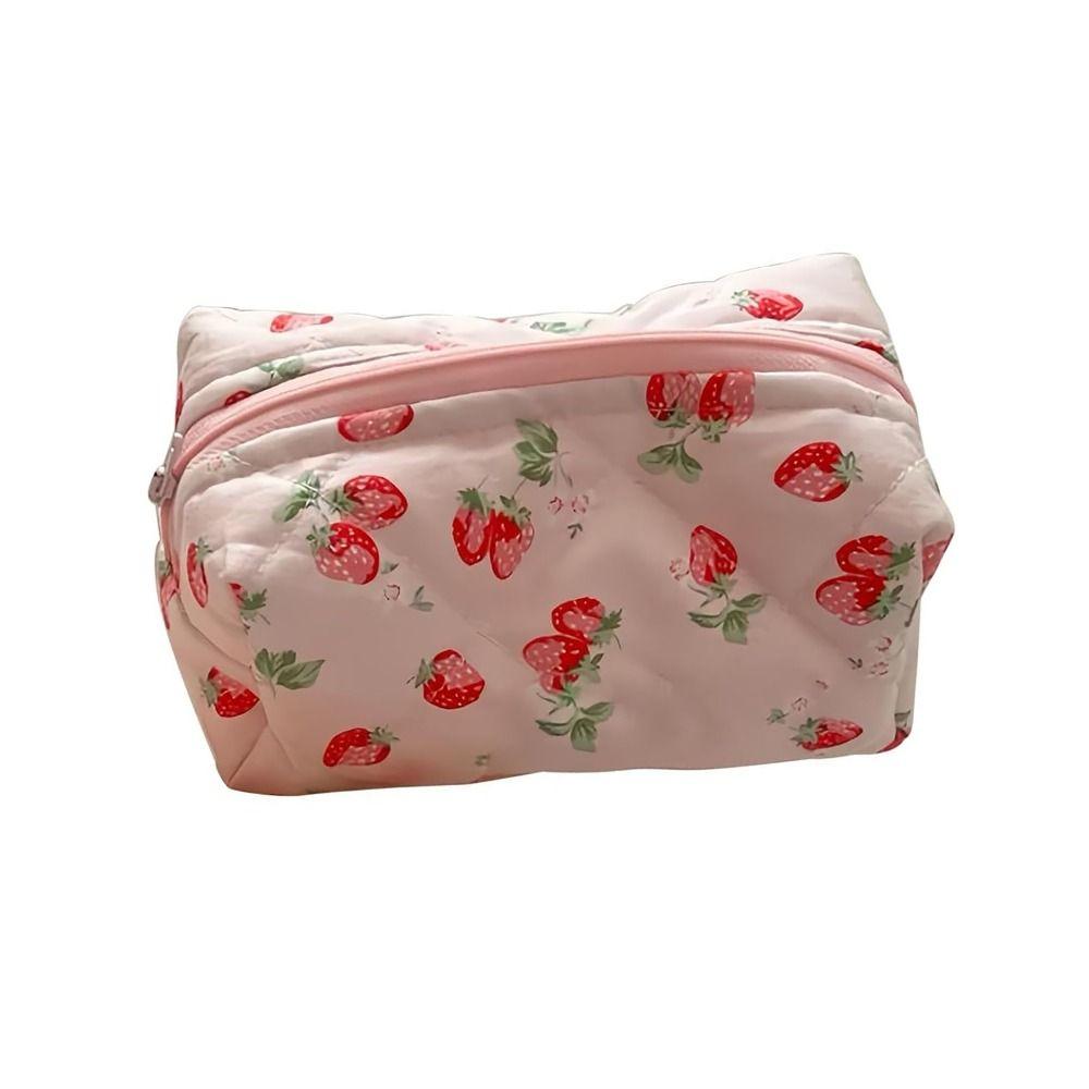 Flower StrawberryPrinted Floral Puffy Quilted Makeup Bag Toiletry Handbag for Women Girls