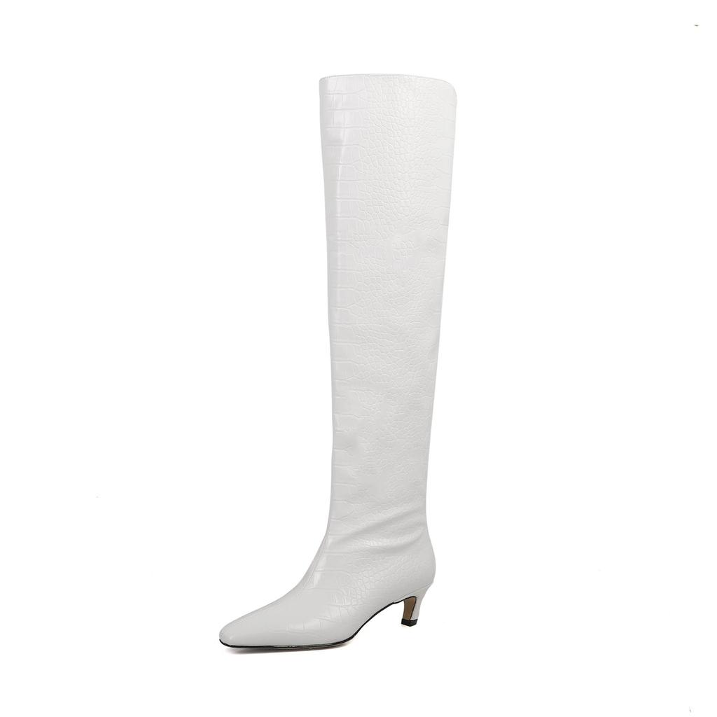 Krazing Pot Осенне-зимняя обувь из искусственной кожи, туфли без шнуровки на среднем каблуке с квадратным носком, женские сапоги до бедра со плиссированной отделкой и украшением