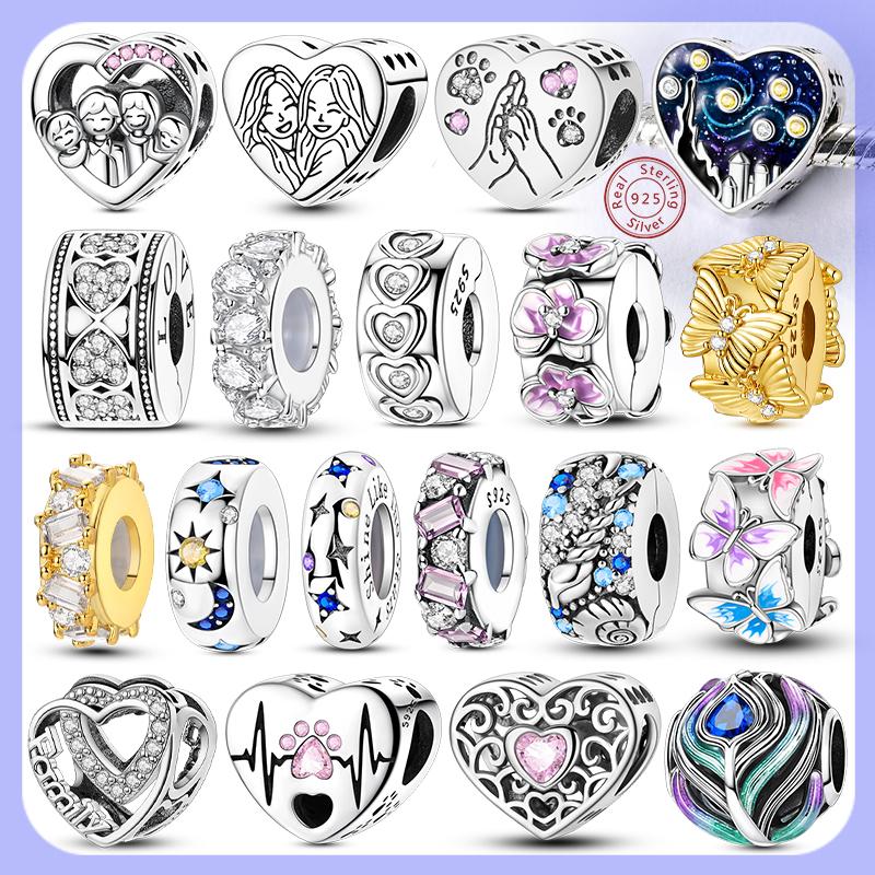 Original Clip Charms Beads 925 Silver Heart Charms Zircon Silicone Spacer Beads Fit Bracelet Women DIY Jewelry Making