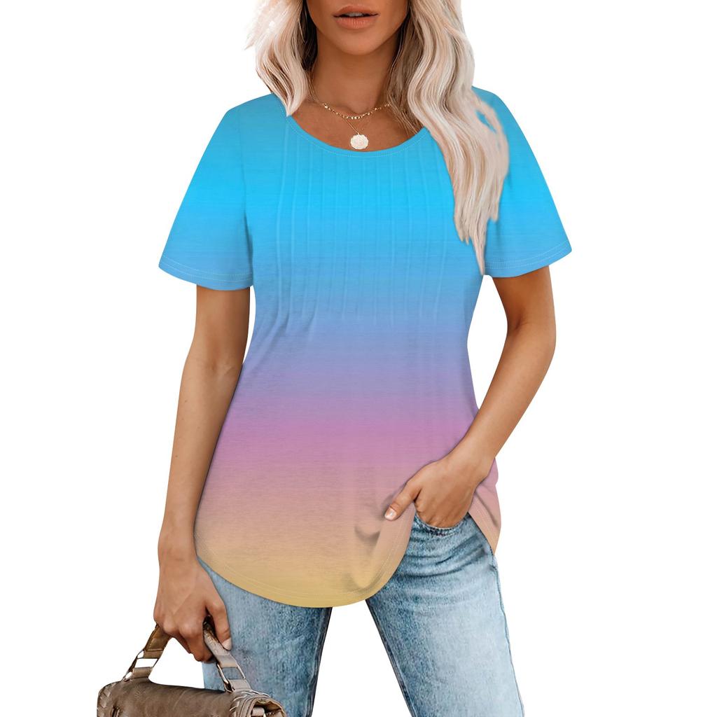 Women's Fashionable Casual Pleated Round Neck Gradient Printed Short Sleeved T-shirt Top