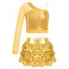 Kids Girls Dance Stage Performance Costume Sparkly Sequins Long Sleeve One Shoulder Top with Tiered Ruffle Skirted Shorts