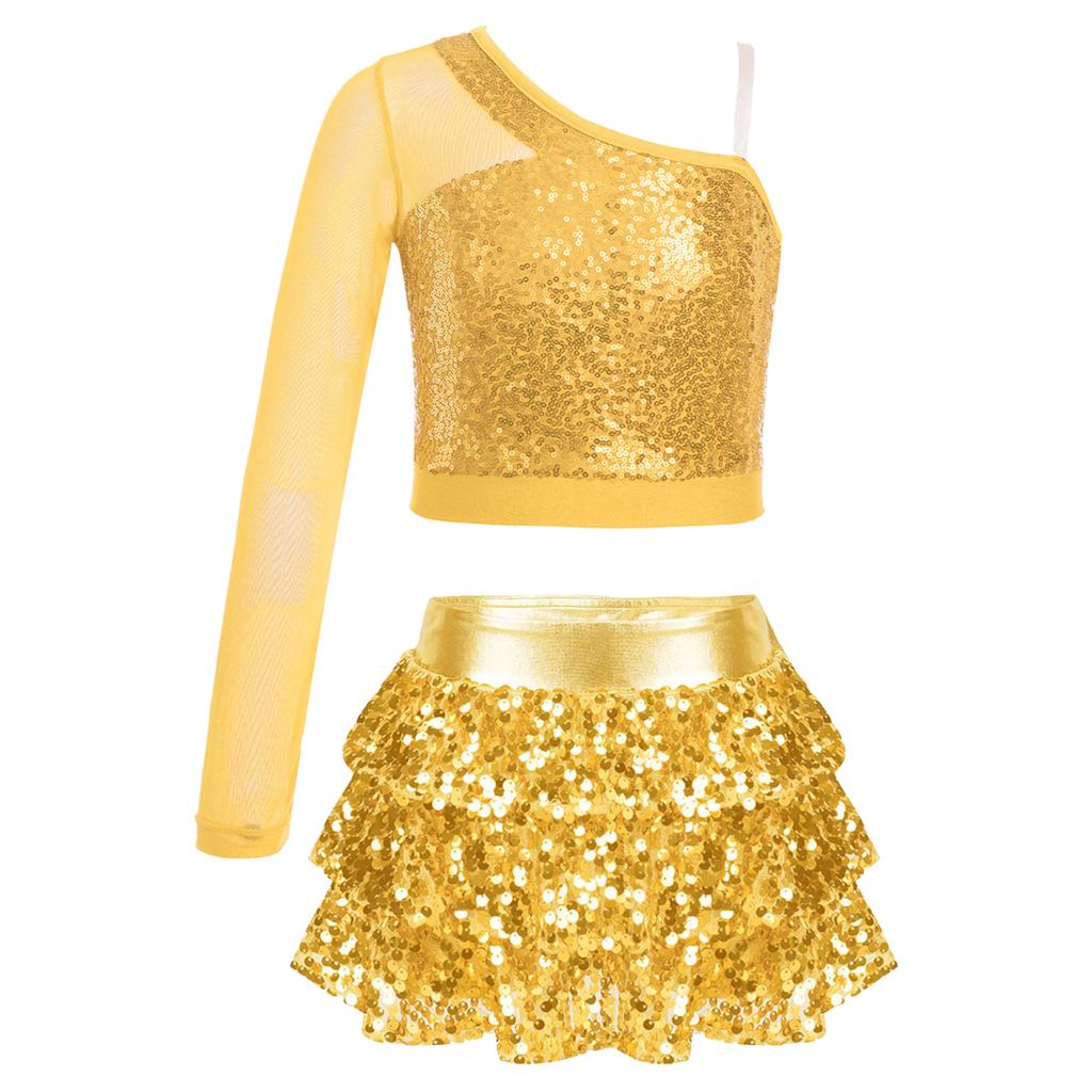 Kids Girls Dance Stage Performance Costume Sparkly Sequins Long Sleeve One Shoulder Top with Tiered Ruffle Skirted Shorts
