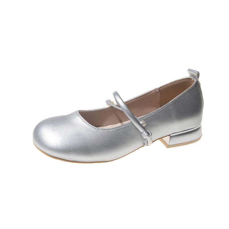 Gentle Wind Mary Jane Women's Shoes 2024 Autumn New French Small Fragrant Wind Pearl Single Shoes with Skirt Silver Single Shoes